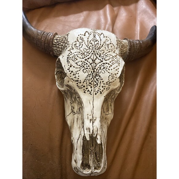 Rustic Tribal Bull Head Wall Art - Tooled White Bull Skull Wall Art - Picture 2 of 9